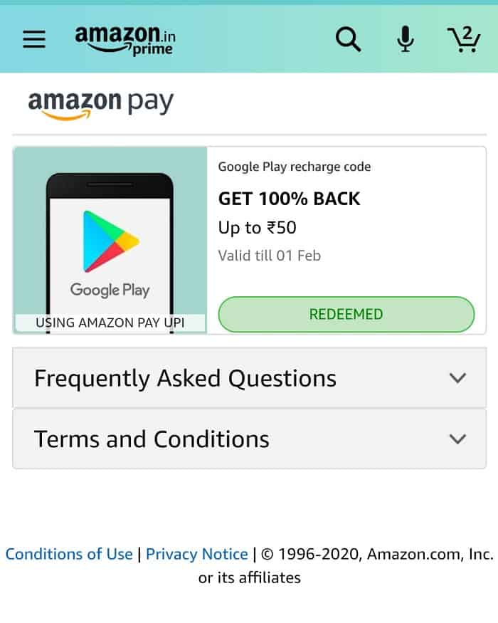 Amazon Pay 100% cashback Offer